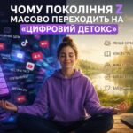 Дівчина медитує між соцмережами та природою — символ цифрового детоксу.