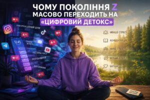 Дівчина медитує між соцмережами та природою — символ цифрового детоксу.