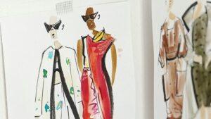 Колаж із fashion-ілюстрацій та ескізів жіночого одягу, що демонструють різні сучасні стилі, силуети та комбінації кольорів.