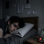 Знесилений чоловік лежить на ліжку. На фоні дзвонить телефон.