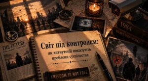ілюстрація антиутопічного світу, що символізує контроль суспільства, владу та проблеми сучасного світу